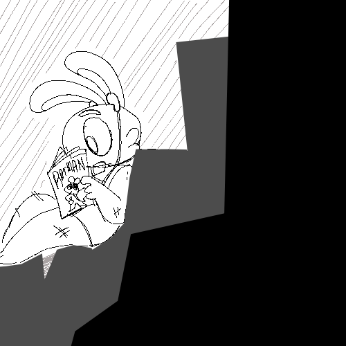 Digital drawing of a rabbit reading a comic and listening to music. Elvira, the robot, is the one taking the picture.